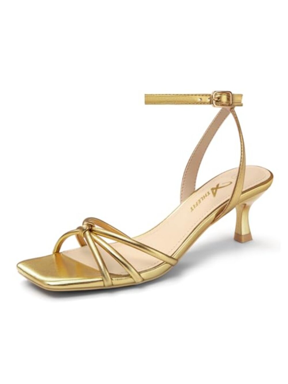 Kitten Heel Strappy Square Toe Heeled Sandals Ankle Strap